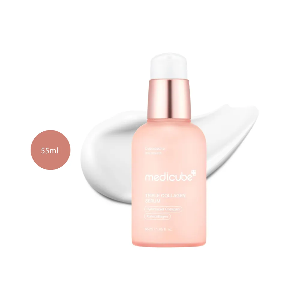 medicube Triple Collagen Serum 4.0 55ml frosted pink bottle with a white cream smear behind it.