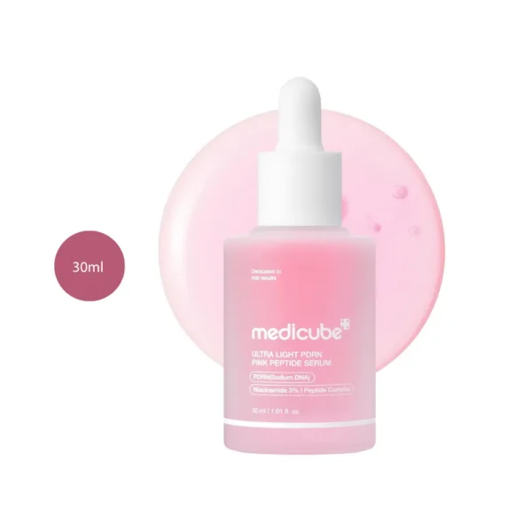 medicube Ultra Light PDRN Pink Peptide Serum 30ml frosted pink bottle with dropper cap.