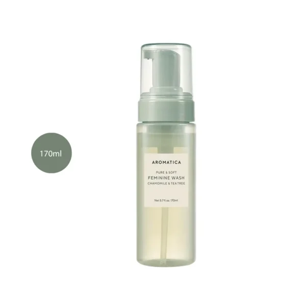 Aromatica Pure & Soft Feminine Wash Chamomile & Tea Tree 170ml bottle with green pump cap.