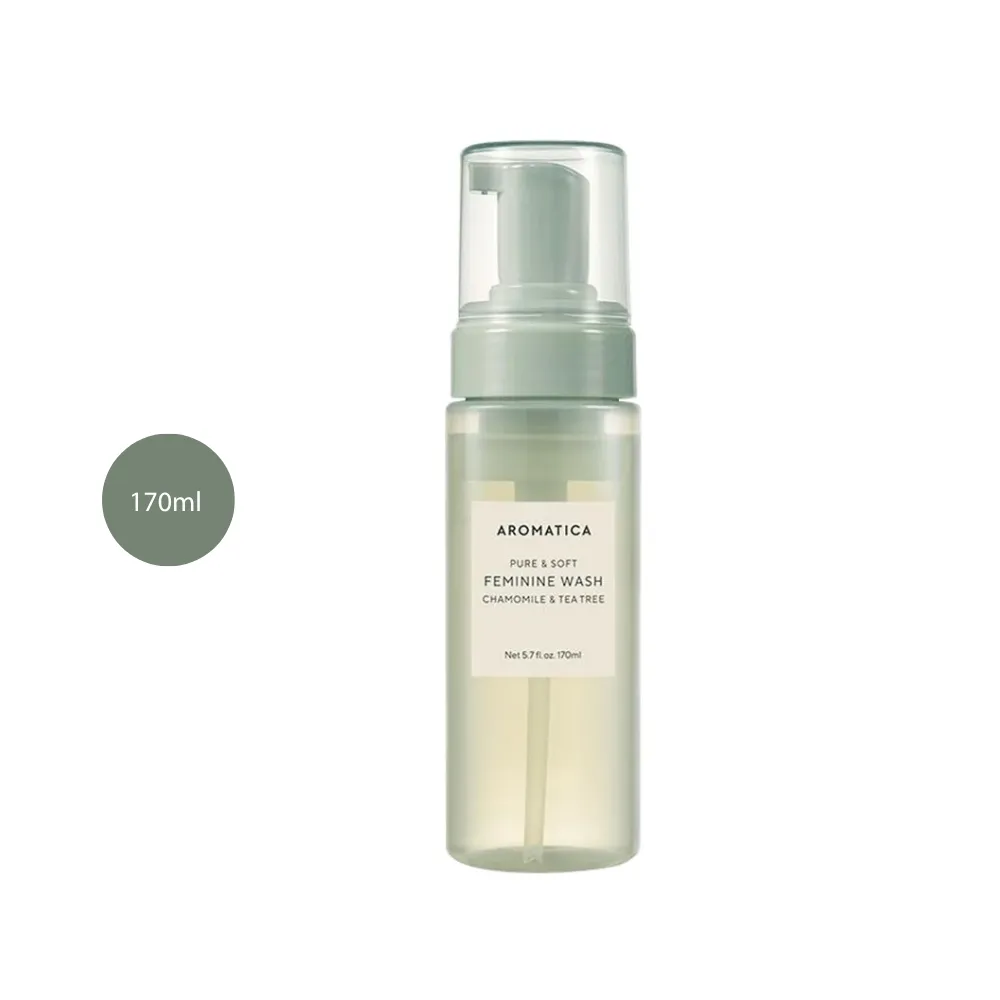 Aromatica Pure & Soft Feminine Wash Chamomile & Tea Tree 170ml bottle with green pump cap.