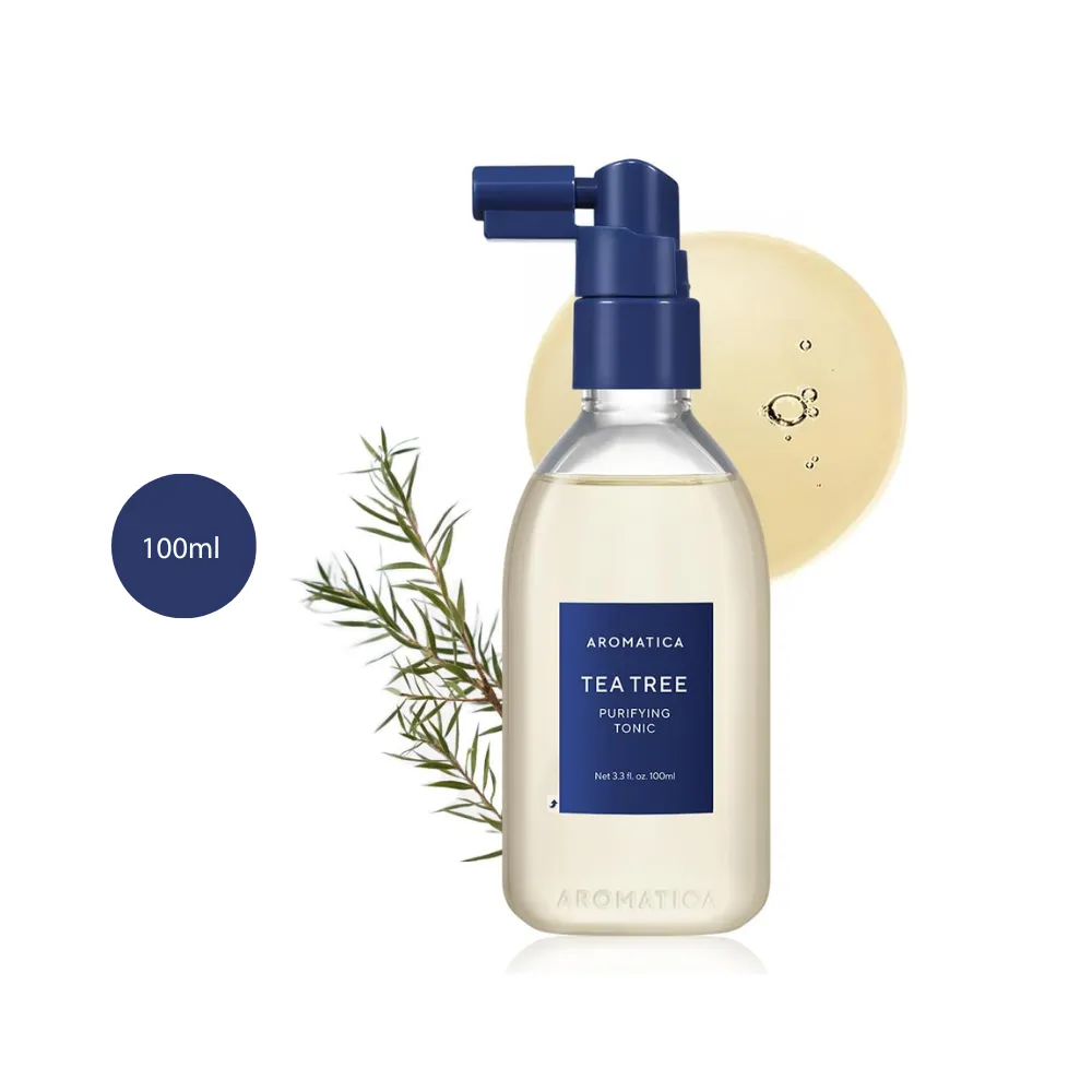 Aromatica Tea Tree Purifying Tonic 100ml spray bottle with tea tree sprig and liquid drop swatch.