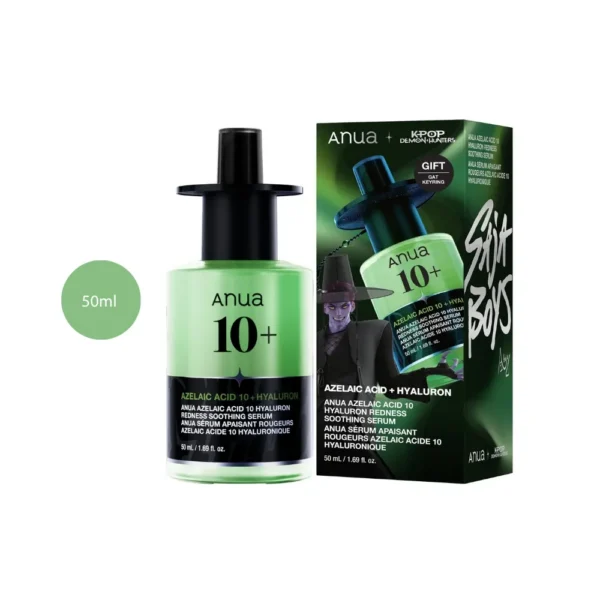 Anua K-Pop Demon Hunters Azelaic Acid 10 Hyaluron Redness Soothing Serum 50ml green bottle, box.