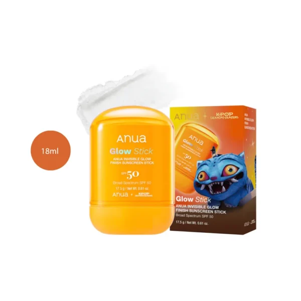 Anua K-Pop Demon Hunters Invisible Glow Finish Sunscreen Stick 18ml yellow container.