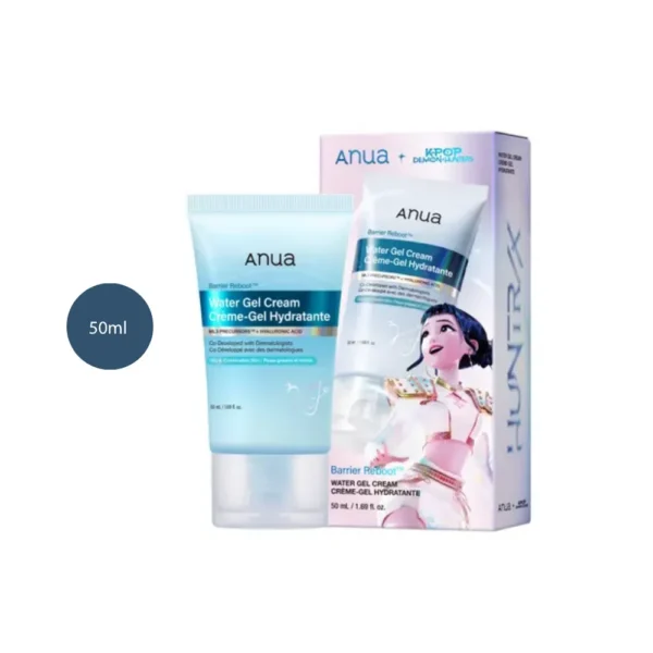 Anua Barrier Reboot Water Gel Cream 50ml blue tube next to K-Pop Demon Hunters box.