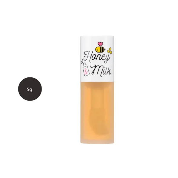 A'pieu Honey & Milk Lip Oil 5g clear tube showing golden oil with illustrated white cap.