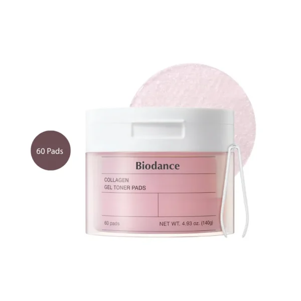 Biodance Collagen Gel Toner Pads 60 Pads pink tub with white lid, tweezers, and gel pad swatch.
