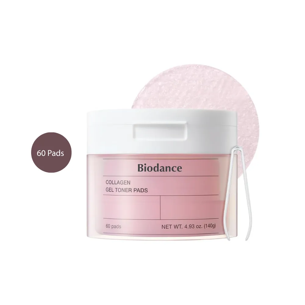 Biodance Collagen Gel Toner Pads 60 Pads pink tub with white lid, tweezers, and gel pad swatch.