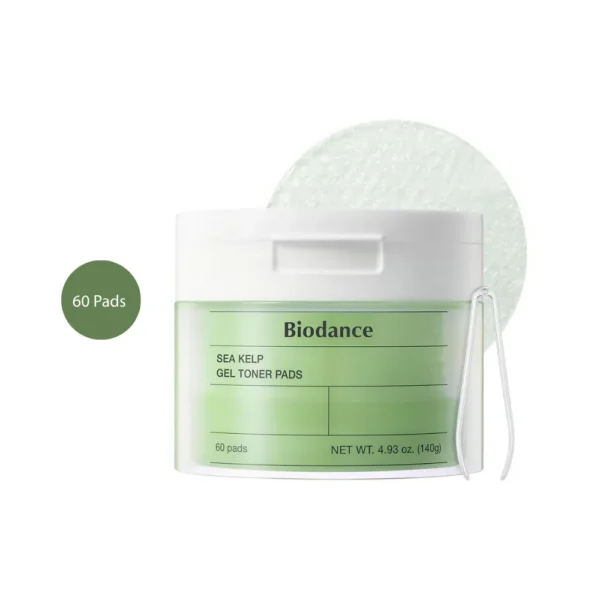 Biodance Sea Kelp Gel Toner Pads 60 Pads green tub with white lid, tweezers, and gel pad swatch.