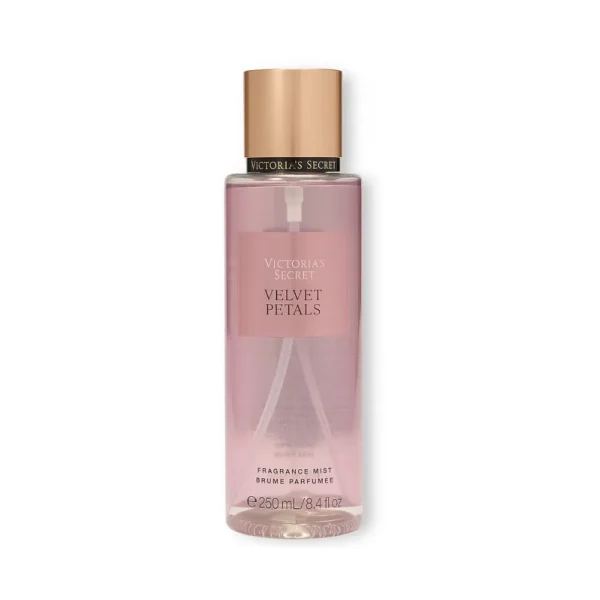 Victoria's Secret Velvet Petals Fragrance Mist pink spray bottle with gold cap.