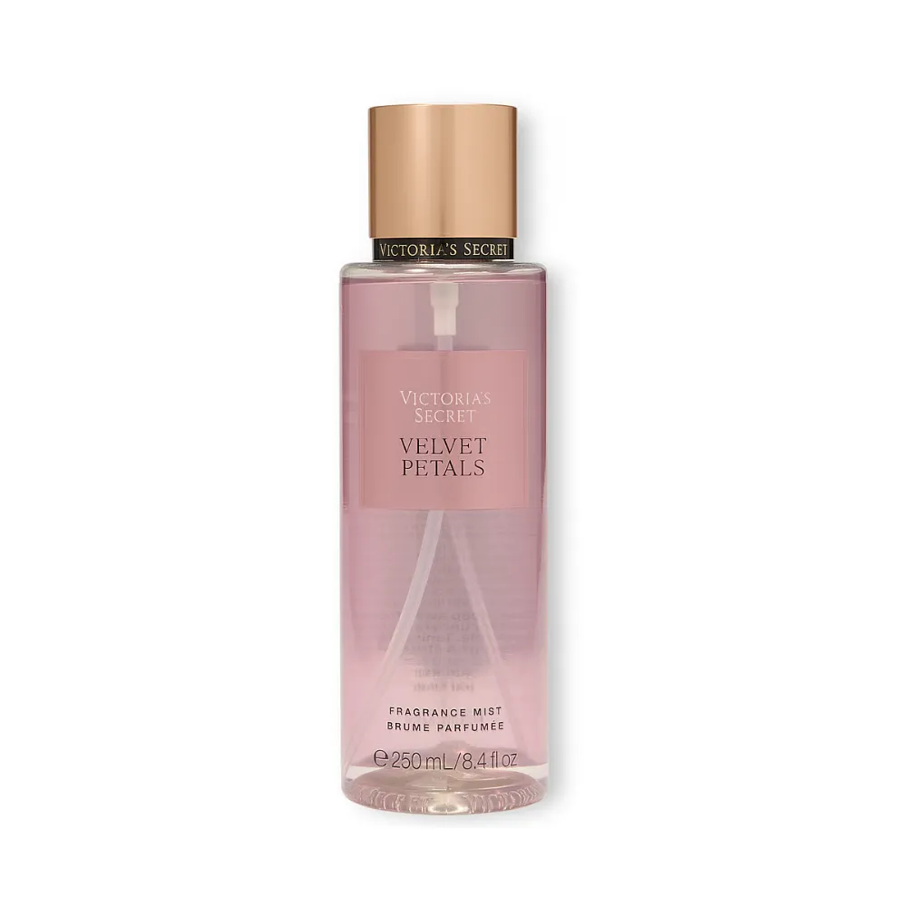 Victoria's Secret Velvet Petals Fragrance Mist pink spray bottle with gold cap.