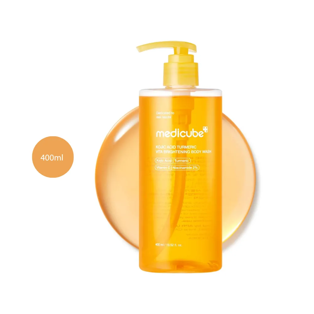 Medicube Kojic Acid Turmeric Body Wash 400ml translucent yellow pump bottle with liquid swatch.