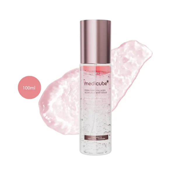 medicube PDRN Pink Collagen Glow Jelly Mist Serum 100ml clear spray bottle with jelly swatch behind.