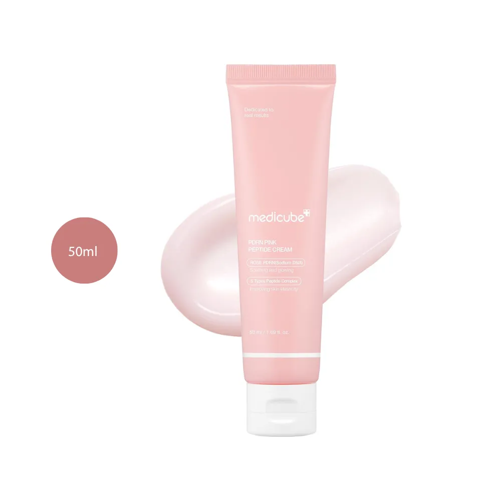 medicube PDRN Pink Hyaluronic Moisturizing Cream 50ml light pink squeeze tube with cream swatch behind.