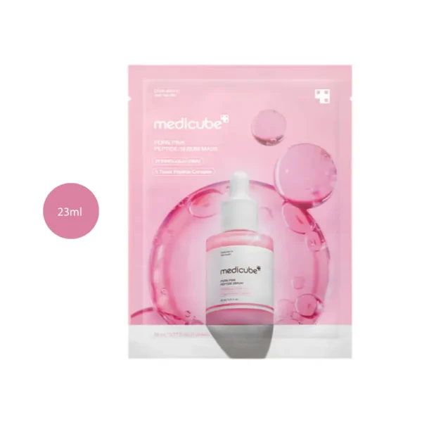 medicube PDRN Pink Peptide Serum Mask 23ml single sheet mask sachet featuring serum bottle graphic.