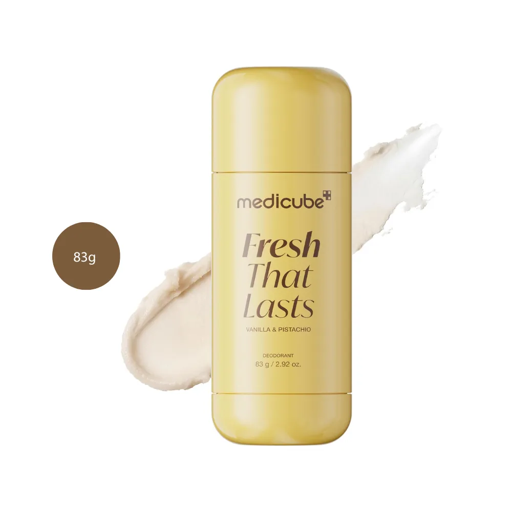 medicube Vanilla & Pistachio Kojic Acid Brightening Deodorant 83g yellow stick with balm swatch.