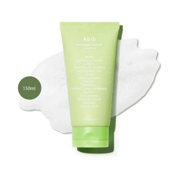 Abib Acne Foam Cleanser Heartleaf Foam 150ml light green tube over white foam smear.