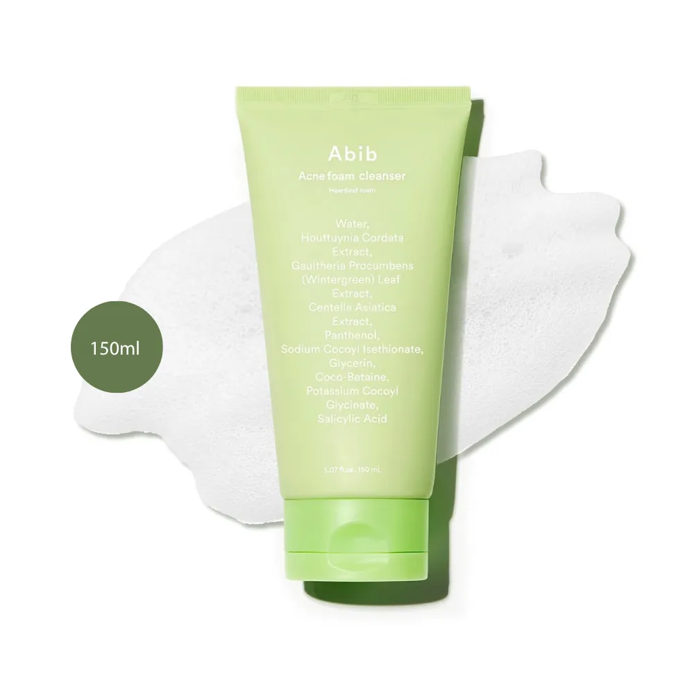 Abib Acne Foam Cleanser Heartleaf Foam (150ml) Abib Acne Foam Cleanser Heartleaf Foam 150ml light green tube over white foam smear.