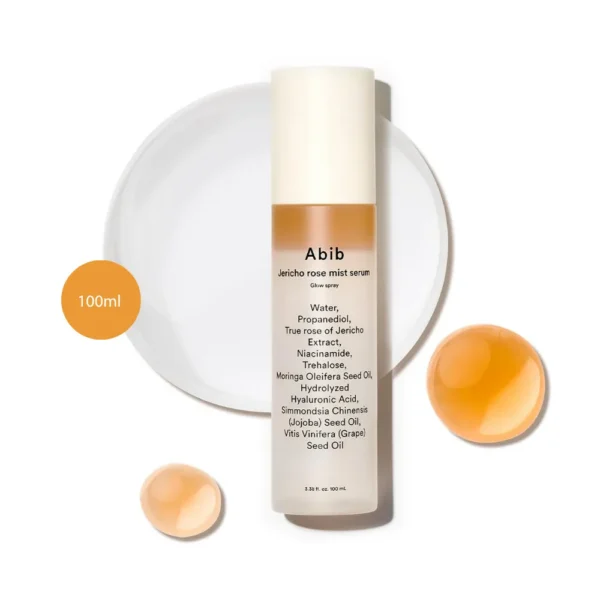 Abib Jericho Rose Mist Serum Glow Spray 100ml spray bottle with cream cap over amber liquid drops.