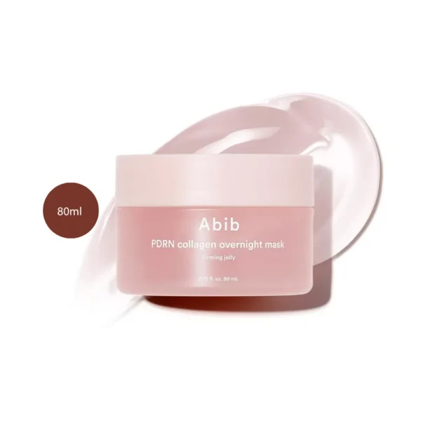 Abib PDRN Collagen Overnight Mask Firming Jelly 80ml pink jar over glossy pink gel smear.