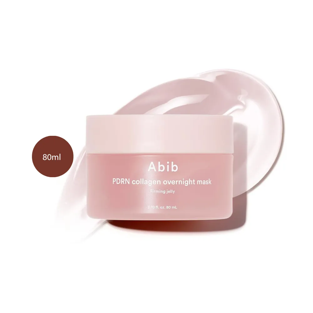Abib PDRN Collagen Overnight Face Mask Firming Jelly (80ml) Abib PDRN Collagen Overnight Mask Firming Jelly 80ml pink jar over glossy pink gel smear.