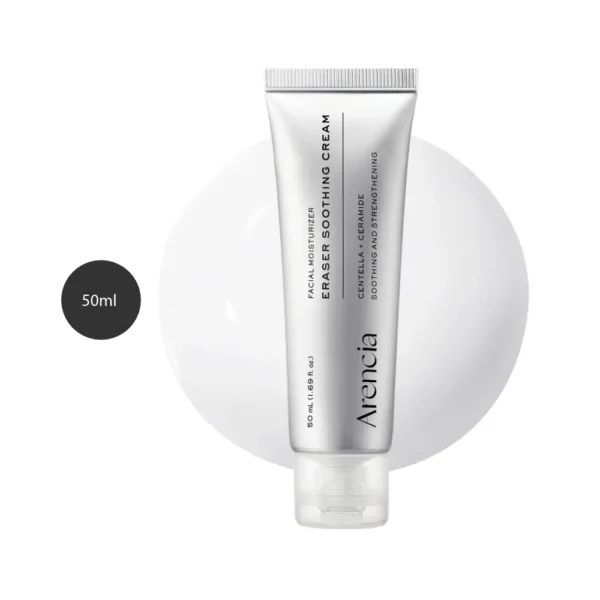 Arencia Eraser Soothing Cream 50ml silver squeeze tube over white cream background.