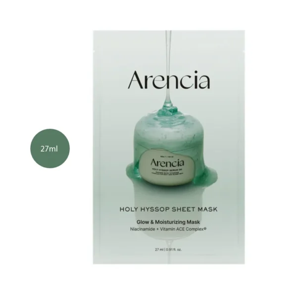 Arencia Holy Hyssop Sheet Mask 27ml light green sachet with cream jar illustration.