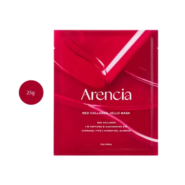 Arencia Red Collagen Jello Mask 25g single sheet mask pouch in vibrant red.