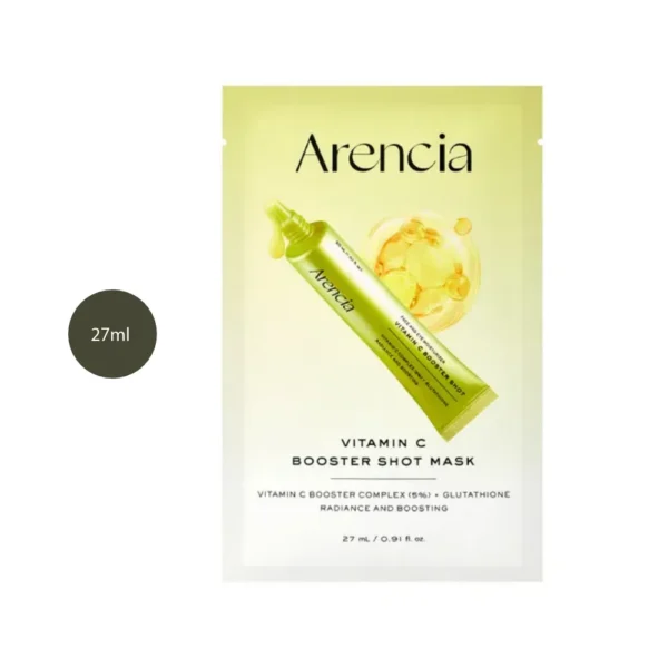 Arencia Vitamin C Booster Shot Mask 27ml light yellow sheet mask sachet with green tube illustration.