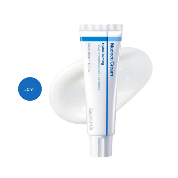 Centellian24+ Madeca Cream Hydra Calming 50ml white tube with blue design over cream smear.