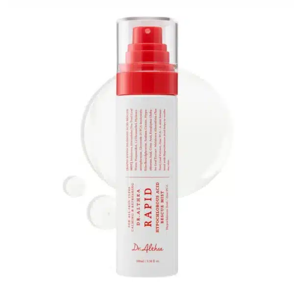 Dr.Althea Rapid Hypochlorous Acid Rescue Mist white spray bottle with red pump and clear cap.