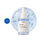 Dr.Reju-All Advanced PDRN Copper Peptide Serum 30ml bottle with blue capsules over liquid splash.