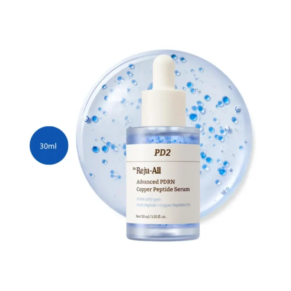 Dr.Reju-All Advanced PDRN Copper Peptide Serum 30ml bottle with blue capsules over liquid splash.