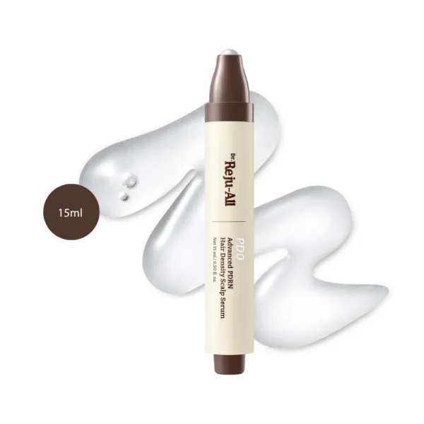 Dr.Reju-All Advanced PDRN Hair Density Scalp Serum 15ml beige pen applicator with brown cap over gel smear.