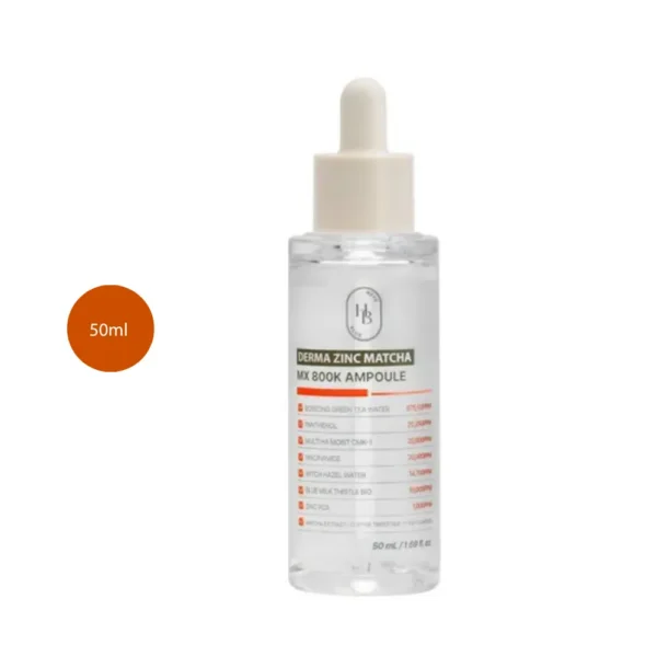 HEVEBLUE Derma Zinc Matcha MX 800K Ampoule 50ml clear bottle with white dropper cap.