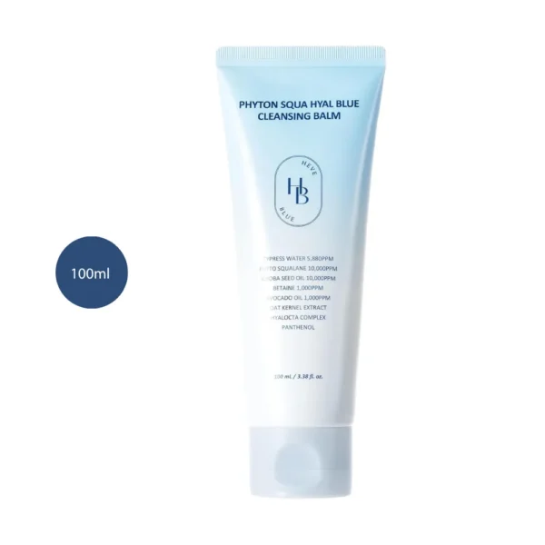 HEVEBLUE Phyton Squa Hyal Blue Cleansing Balm 100ml white squeeze tube with light blue gradient top.