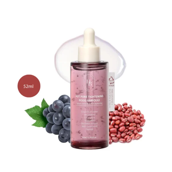 HEVEBLUE Pot Pore Tightening Podo Ampoule 52ml purple bottle with dropper, grapes, and red beans.