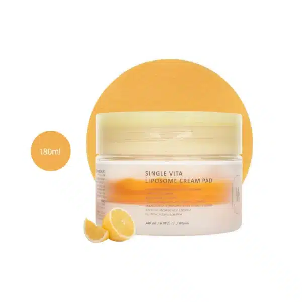 HEVEBLUE Single Vita Liposome Cream Pad 180ml 80 Pads jar with yellow lid, pad, and lemons.