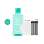 JUMISO Blackhead Melting Softener Special Set turquoise bottle with white cotton pads and black extrudators.