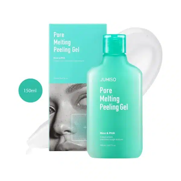 JUMISO Pore Melting Peeling Gel 150ml turquoise bottle and matching box with gel smear.