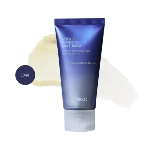 JUMISO Urea 9.9 Intensive Multi Balm 50ml blue squeeze tube over translucent balm smear.