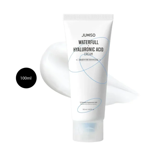 JUMISO Waterfull Hyaluronic Acid Cream 100ml white squeeze tube over smooth white cream smear.