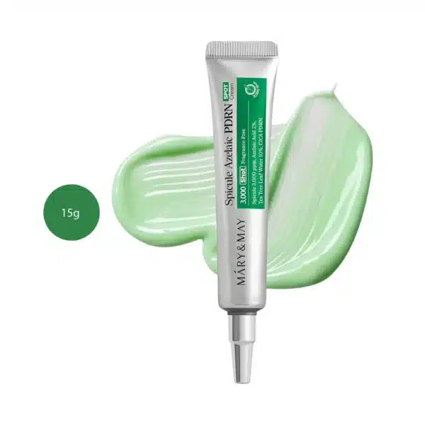 Mary&May Azelaic Acid Spicule PDRN Spot Cream 15g silver tube over light green cream smear.