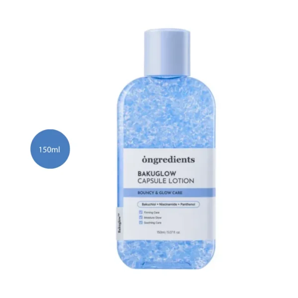 Ongredients Bakuglow Capsule Lotion 150ml clear blue bottle filled with blue capsules.