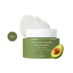 Purito From Green Avocado Cleansing Balm 100ml green tub, white lid, balm swatch, avocado half.