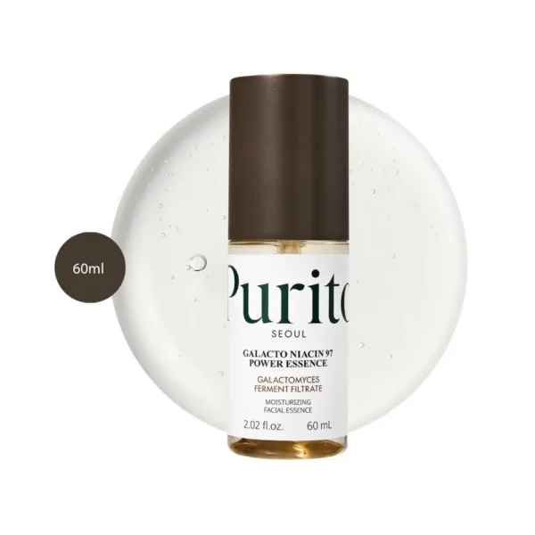 Purito Galacto Niacin 97 Power Essence 60ml bottle with dark brown cap over clear serum splash.