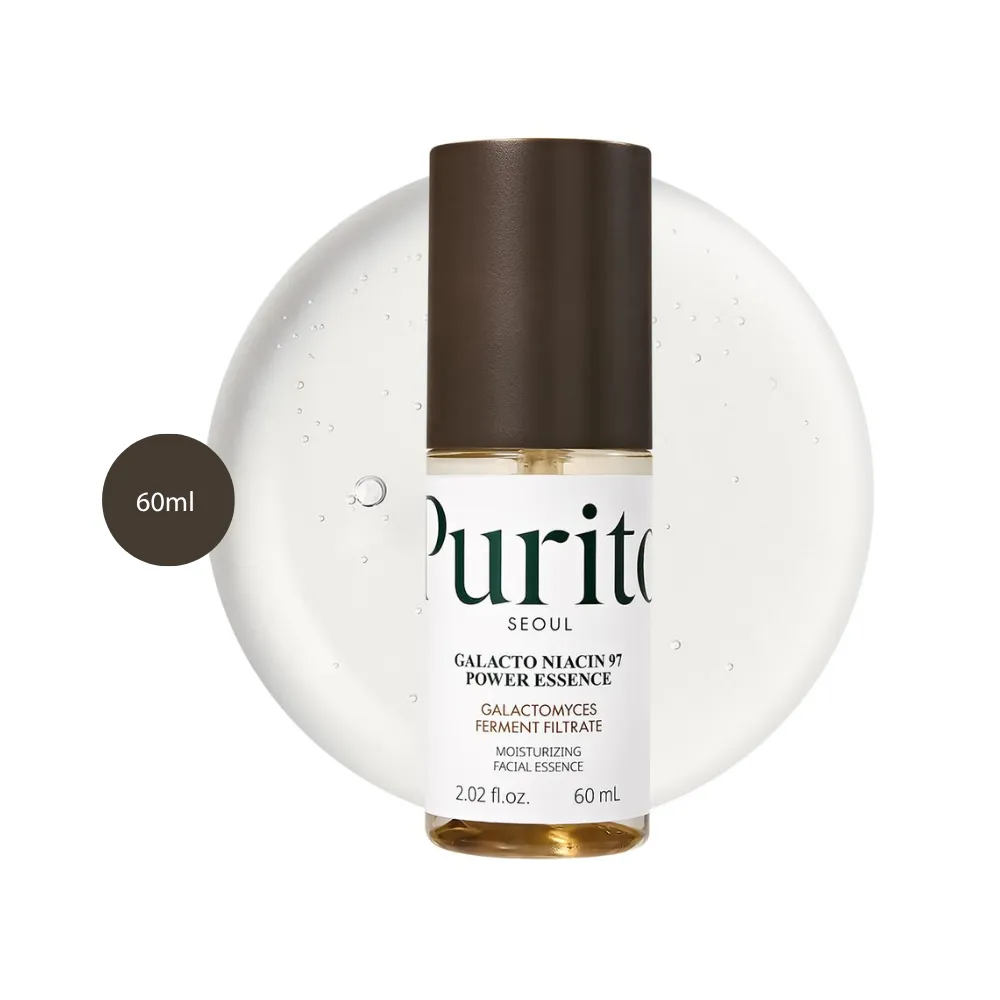 Purito Galacto Niacin 97 Essence (60ml) Purito Galacto Niacin 97 Power Essence 60ml bottle with dark brown cap over clear serum splash.