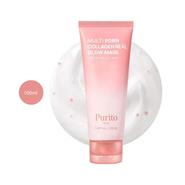 Purito Multi PDRN Collagen Real Glow Mask 100ml pink squeeze tube over cream smear.
