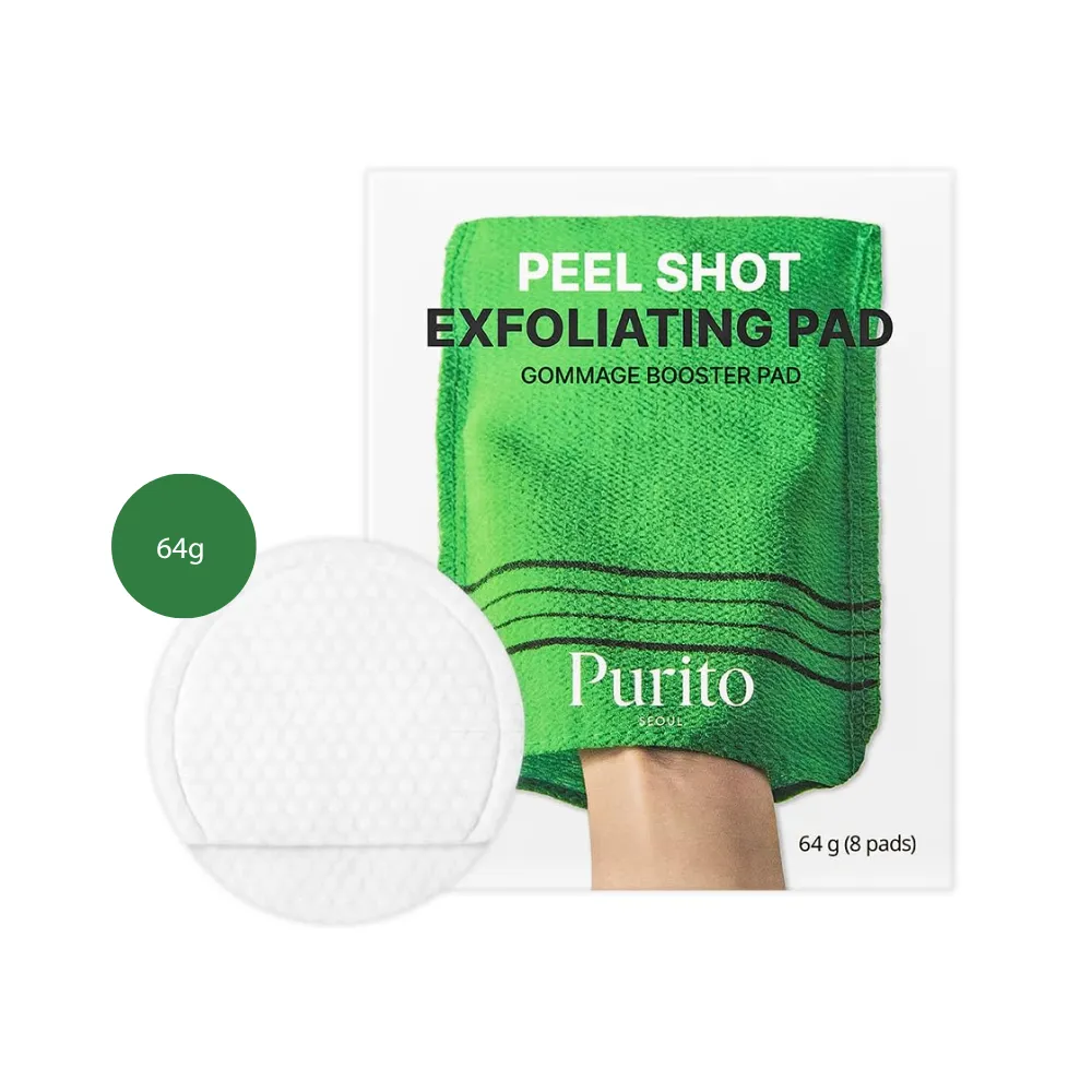Purito Peel Shot Exfoliating Pad (8 Pads) Purito Peel Shot Exfoliating Pad 64g white round pad next to green glove packaging.