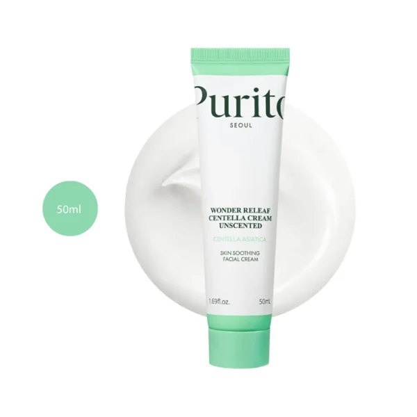 Purito Wonder Releaf Centella Cream Unscented 50ml white tube with light green cap over cream smear.
