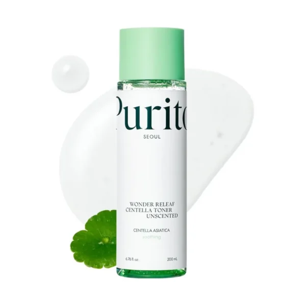 Purito Wonder Releaf Centella Unscented Toner clear bottle with light green cap.